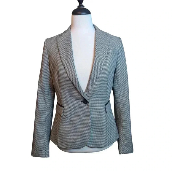 Cynthia Rowley Small Black & Tan Houndstooth Single Button Blazer Jacket Lined - Picture 1 of 7